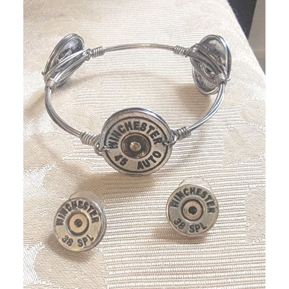 Winchester 45 Auto  38 Spec. Nickell Bullet head Jewelry Set Bracelet Earrings